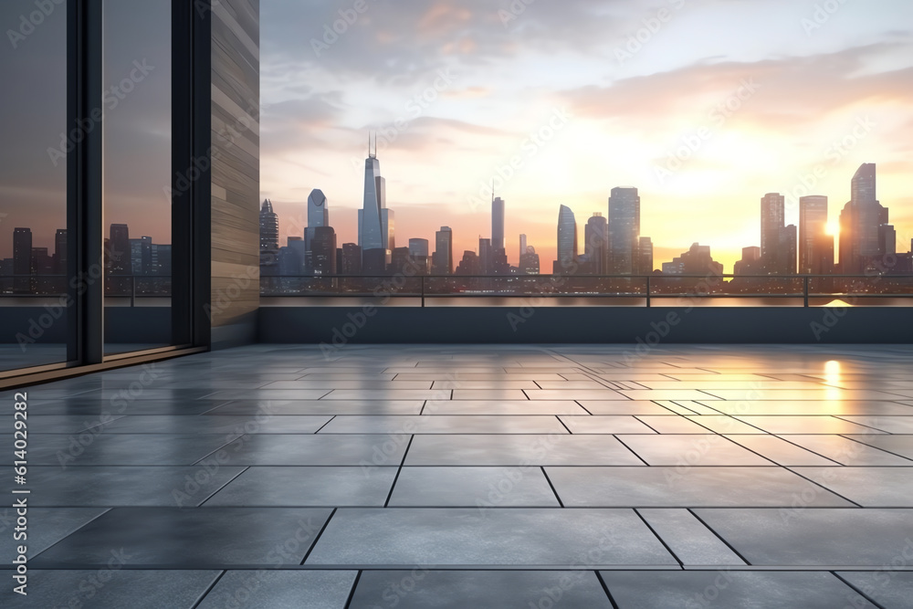 Generative AI Cityscape with empty tarmac floor. sunset scene. Image composite