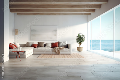 Generative AI Indoor plant on white floor with empty concrete wall background, Lounge and coffee table near glass window in sea view living room of modern luxury beach house or hotel - Home interior 3