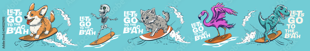 Animals surf summer t-shirt print. Corgi dog, cat, dinosaur, and flamingo ride surfboard fun Animals surf summer t-shirt print. Corgi dog, cat, dinosaur, and flamingo ride surfboard fun