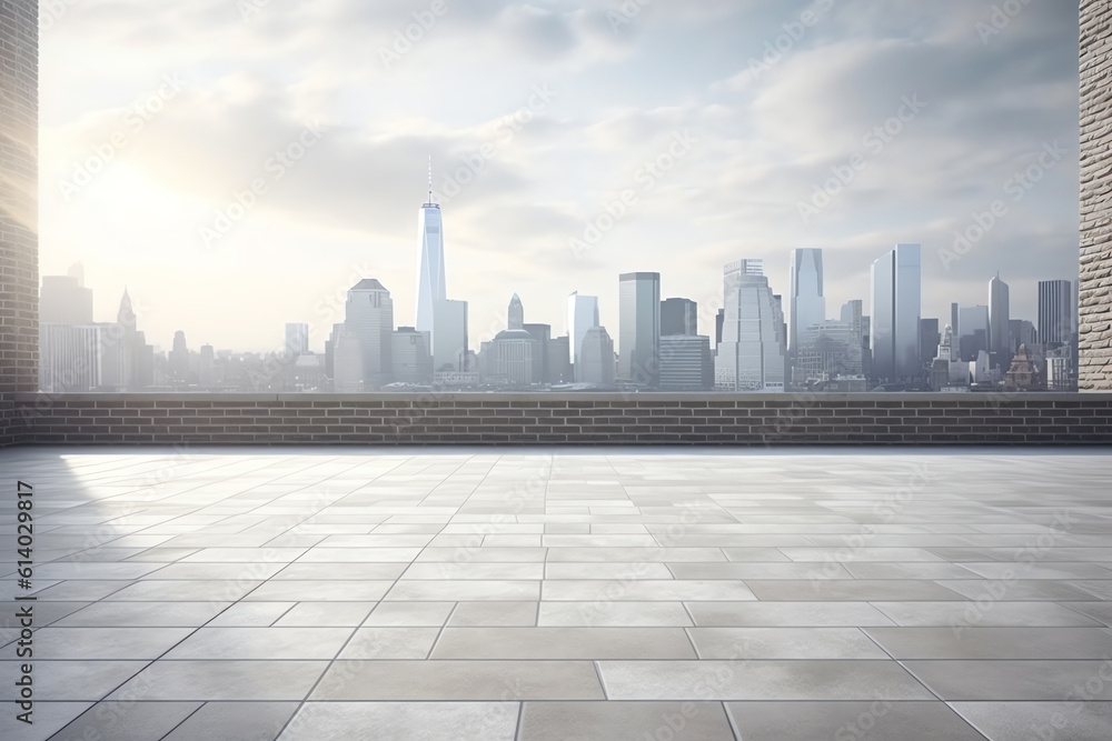 Generative AI Empty cement floor with steel pavement, modern building exterior cityscape background. Sunrise scene. Photorealistic 3D rendering.