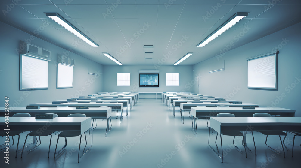 Fototapeta premium Generative AI Empty classroom with blue desks and chairs.