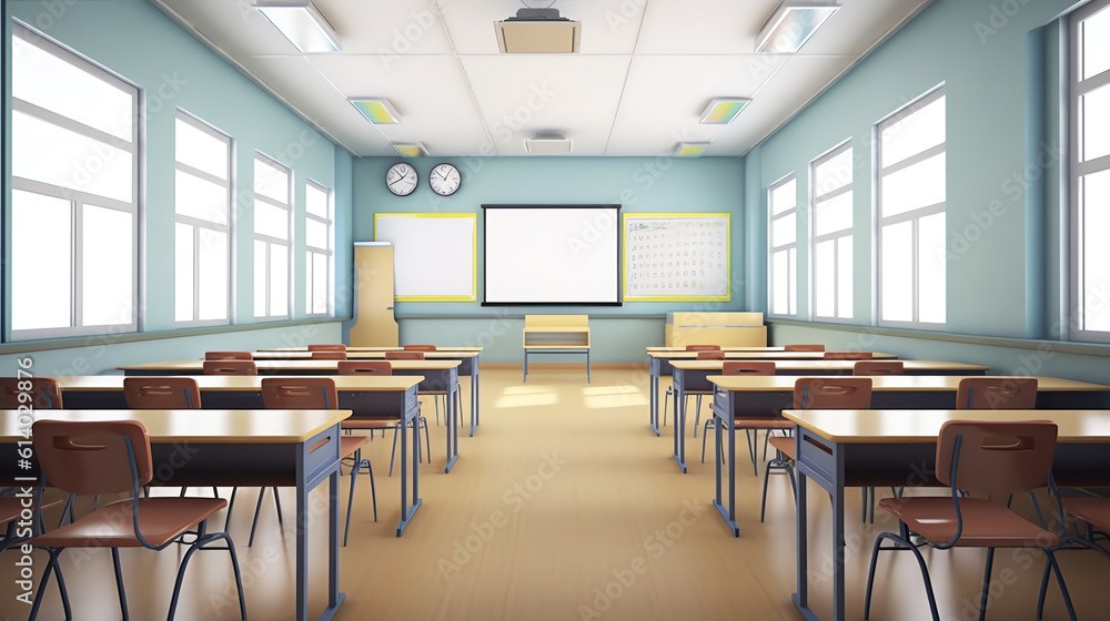 Generative AI Classroom with blue walls and white boards. Generative AI Classroom with blue walls and white boards.