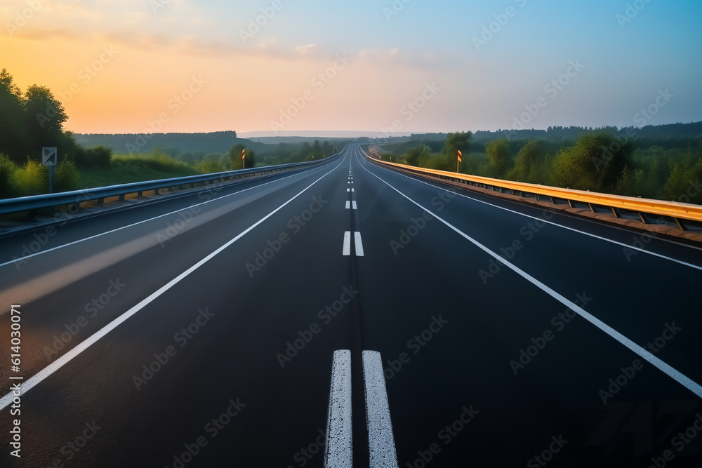 Generative AI Panoramic view of empty road side with city skyline. Sunset scene. Generative AI Panoramic view of empty road side with city skyline. Sunset scene.