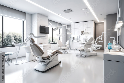 Generative AI Dentistry  medicine  medical equipment and stomatology concept - interior of new modern dental clinic office with chair. Interior of the office of patients reception with dental equipmen
