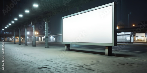 Generative AI Front view on blank posters on the wall of bus stop on night city street, mock up 3D Render