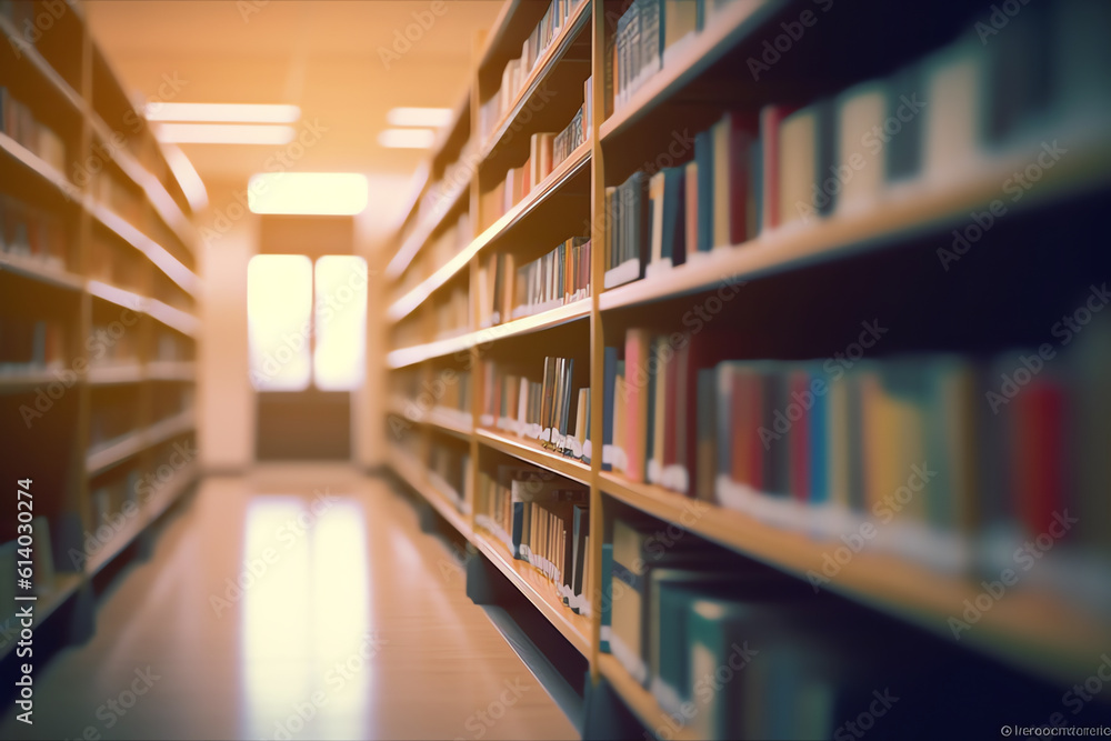 Generative AI Abstract blurred empty college library interior space. Blurry classroom with bookshelves by defocused effect. use for background or backdrop in book shop business or education resources Generative AI Abstract blurred empty college library interior space. Blurry classroom with bookshelves by defocused effect. use for background or backdrop in book shop business or education resources