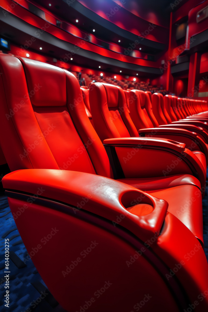 Fototapeta premium Generative AI Empty comfortable red seats with numbers in cinema