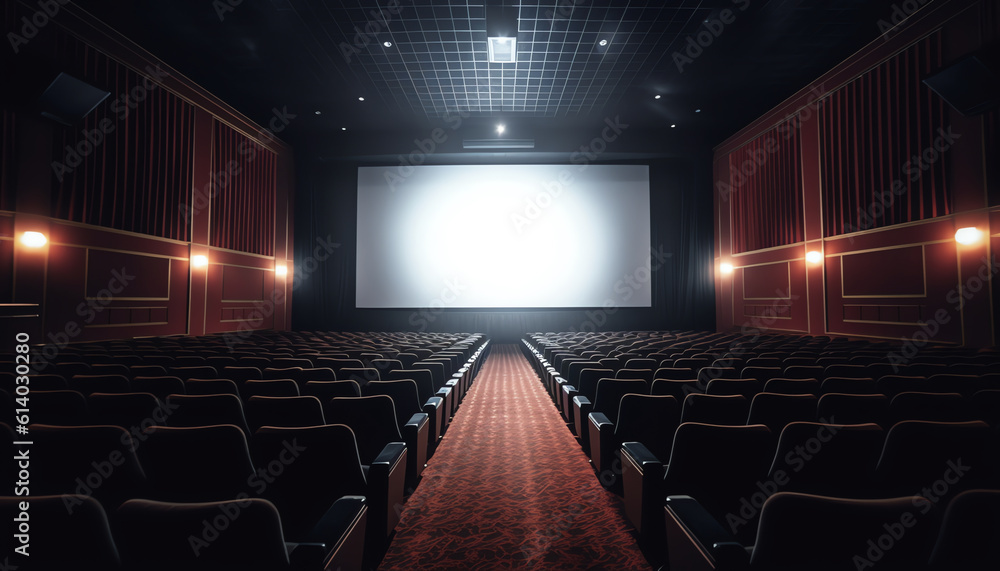 Generative AI An illustration of the interior of a cinema movie theatre with copyspace on the screen Generative AI An illustration of the interior of a cinema movie theatre with copyspace on the screen