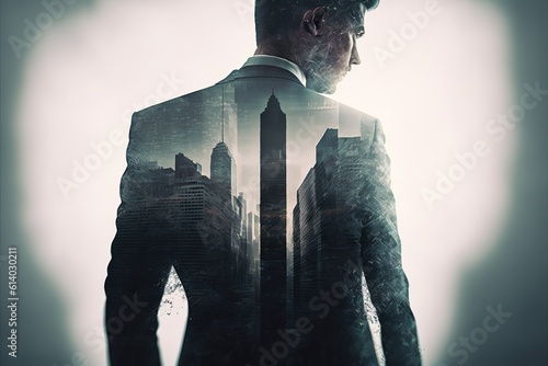 Ambitious businessman in black suit-clad profile with background residential city highrise buildings in double exposure, Successful businesspeople with strategic plans. Superb Generative AI. photo