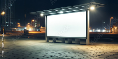 Generative AI Large empty commercial banner mounted on urban bus stop front view outdoor