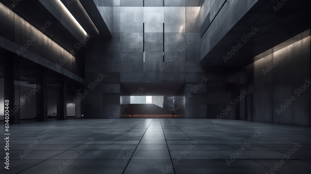 Generative AI Perspective view of empty cement floor with steel and glass modern building exterior. Night scene. Photorealistic 3D rendering.