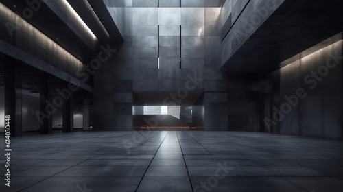 Generative AI Perspective view of empty cement floor with steel and glass modern building exterior. Night scene. Photorealistic 3D rendering. © Generative AI