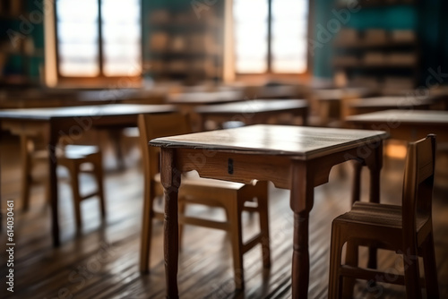 Wallpaper Mural Generative AI Wooden Thai school desk and chairs, "I am here"in Thai was written on the table Torontodigital.ca