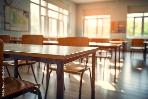 Generative AI Empty university classroom with many wooden chairs. Wooden chairs well arranged in college classroom. Empty classroom with vintage tone wooden chairs. Back to school concept. © Generative AI