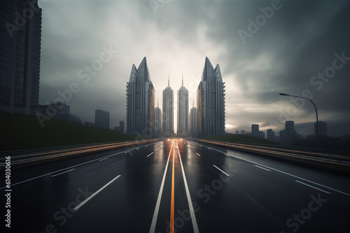 Generative AI Empty asphalt road and modern city skyline with building in Hangzhou,China. © Generative AI