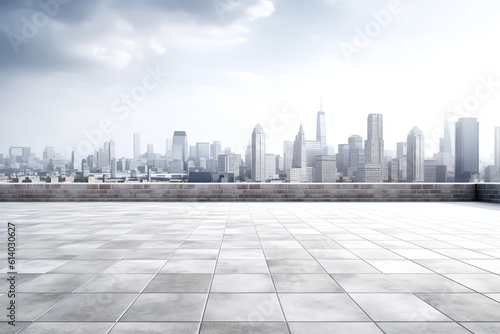 Generative AI Panoramic skyline and buildings with empty concrete square floor © Generative AI