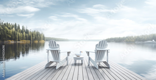 Generative AI Cottage life - Sunrise on two empty Adirondack chairs sitting on a dock on a lake in Muskoka, Ontario Canada. The sun rays create long shadows on the wooden pier. photo