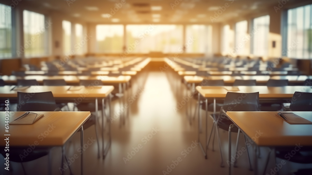 Generative AI Back to school concept. Classroom in blur background without young student; Blurry view of elementary class room no kid or teacher with chairs and tables in campus. Generative AI Back to school concept. Classroom in blur background without young student; Blurry view of elementary class room no kid or teacher with chairs and tables in campus.