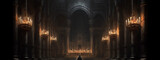 Generative AI Stunning night view of a Gothic Cathedral Gallery lit with copper chandeliers. 3d render