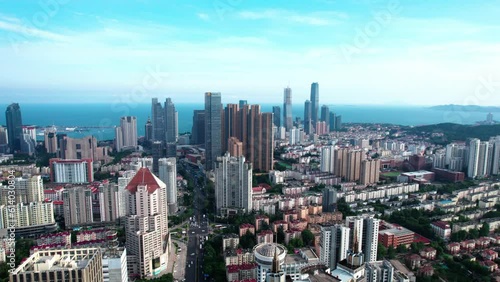 4k aerial photography of Qingdao city buildings skyline