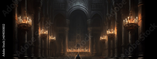 Generative AI Stunning night view of a Gothic Cathedral Gallery lit with copper chandeliers. 3d render photo