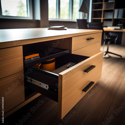 Generative AI Wooden work desk with laptop and documents, books, modern interior of cozy cabinet, table for businessman or student at home, comfortable workspace, workplace with computer in apartment