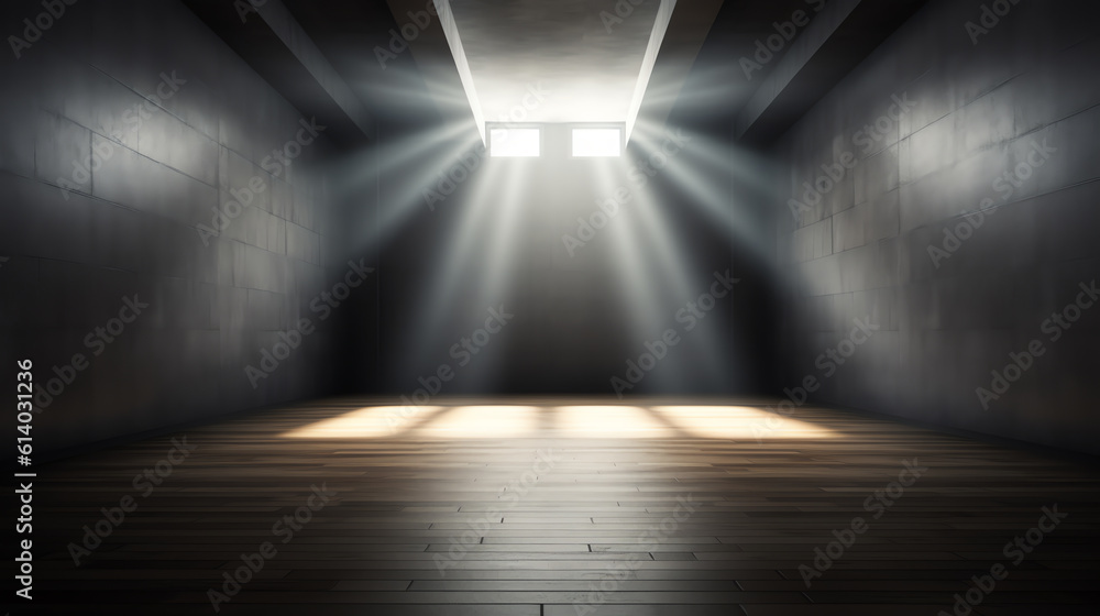 Generative AI Church Interior. Window Light in Dark Inside Room. Shining Door in front Empty Steps. Mystery Background