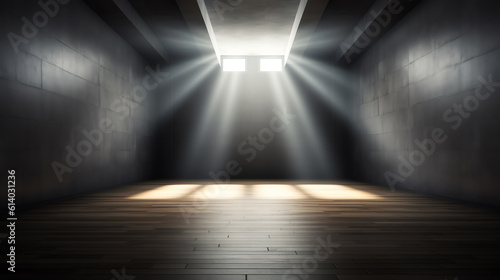 Generative AI Church Interior. Window Light in Dark Inside Room. Shining Door in front Empty Steps. Mystery Background