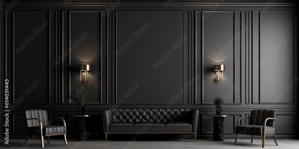 Generative AI Luxury living room in dark color. Gray walls, warm ligh and lounge furniture - taupe chairs. Empty space for art or picture. Rich interior design. Mockup of a room or hall. 3d rendering Generative AI Luxury living room in dark color. Gray walls, warm ligh and lounge furniture - taupe chairs. Empty space for art or picture. Rich interior design. Mockup of a room or hall. 3d rendering