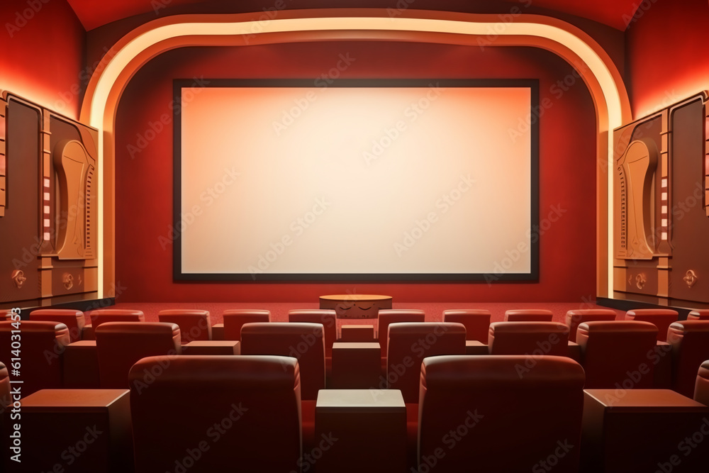 Generative AI Isometric movie theatre red chairs. Empty cinema seats with popcorn and soda pop, cinema chairs for watching film on big screen 3d vector illustration on white background