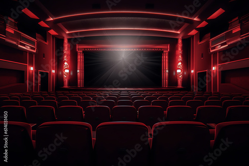 Generative AI Empty cinema room with red chairs