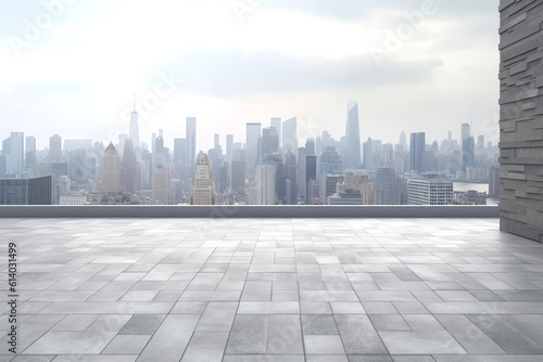 Generative AI empty brick floor with cityscape of modern city