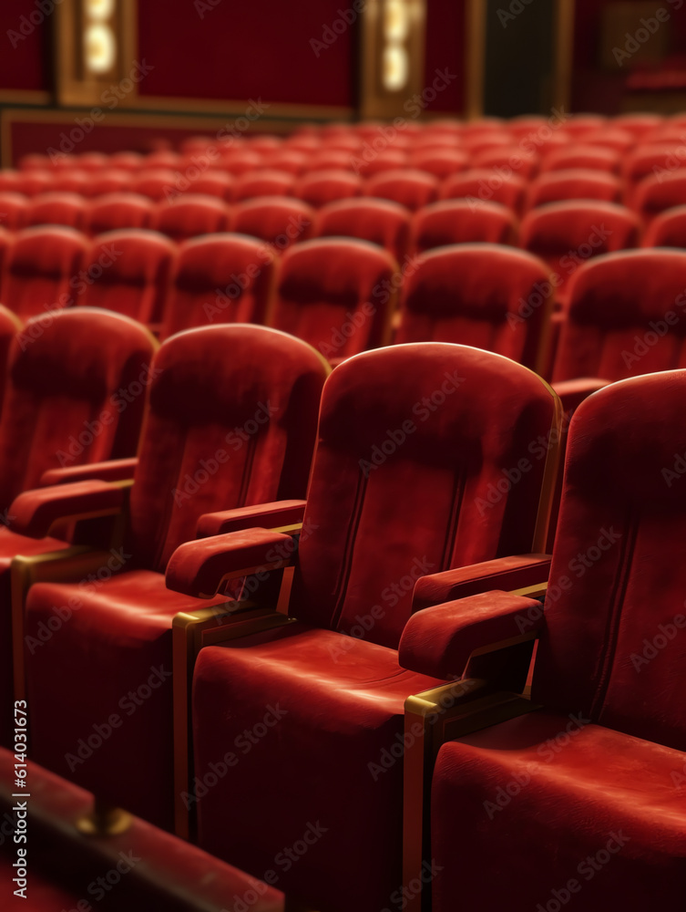 Generative AI Empty comfortable red seats with numbers in cinema Generative AI Empty comfortable red seats with numbers in cinema