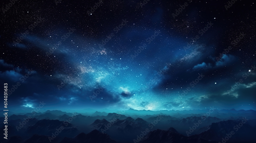 Panorama dark blue night sky. Milky way and stars on dark background