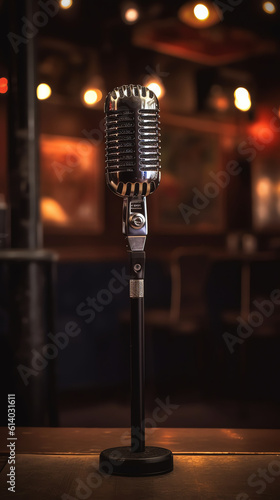 Generative AI microphone on a wooden stool on a stand up comedy stage with reflectors ray, high contrast image