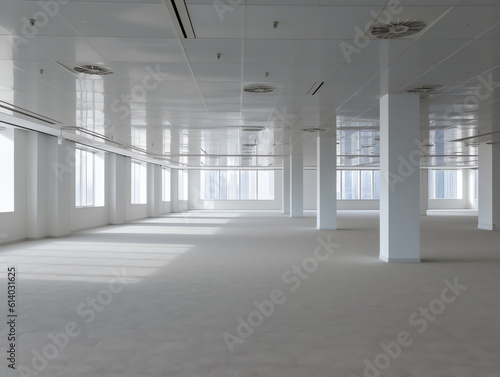 Generative AI Interior of modern empty office building.Open ceiling design.