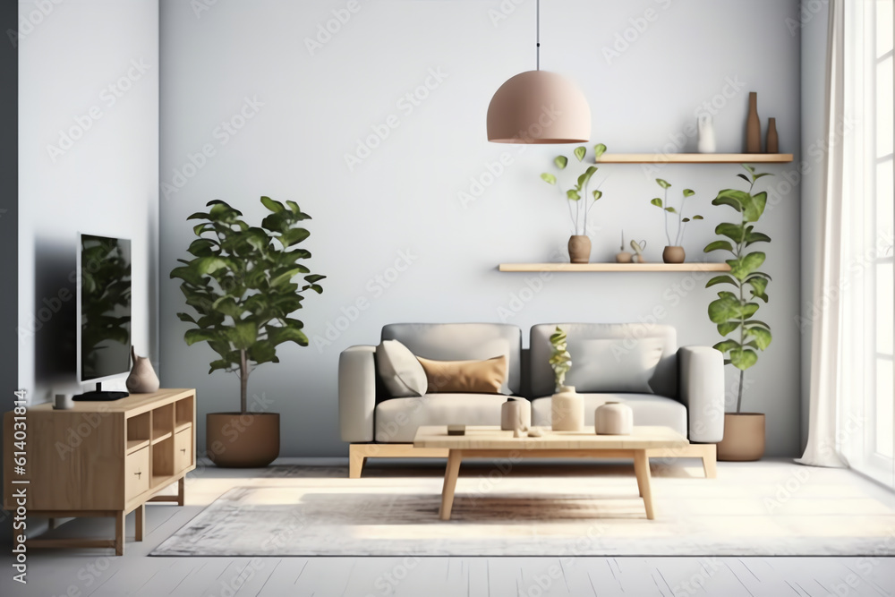Obraz premium Generative AI Modern interior of open space with design modular sofa, furniture, wooden coffee tables, plaid, pillows, tropical plants and elegant personal accessories in stylish home decor. Neutral l