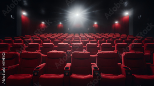 Generative AI Dark movie theatre interior. screen and chairs.