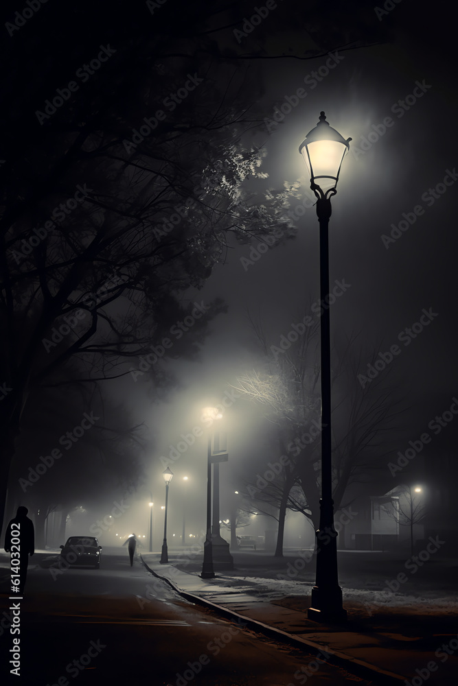 Generative AI Foggy street lights misty with night deserted road and ...