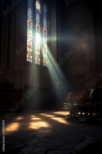 Generative AI Light from a window in the old dark room ,Old Chapel ,light of hope concept.