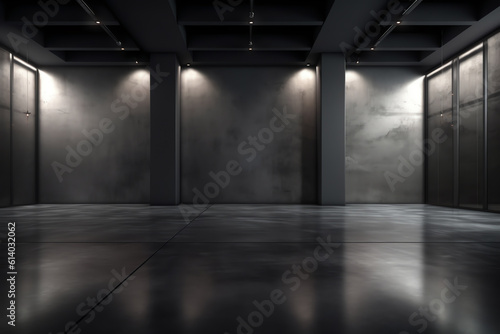 Generative AI Horizontal view of empty cement floor with steel and glass modern building exterior. Night scene. Photorealistic 3D rendering.
