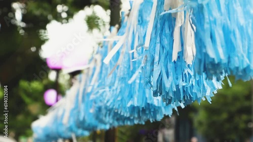 Deco tessel garland with light blue and white Argentine flag colors hanging at wind