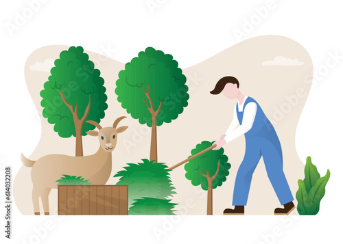 Farmer with his goat pet illustration, Farmer at the farm with animals, flat cartoon style
