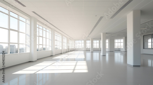 Generative AI Interior of modern empty office building.Open ceiling design.