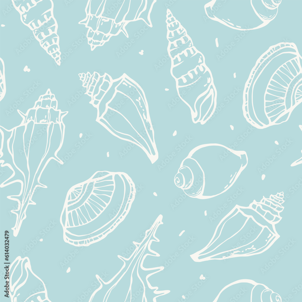 Hand drawn Sea shells seamless pattern summer marine design with white line on light blue background Hand drawn Sea shells seamless pattern summer marine design with white line on light blue background