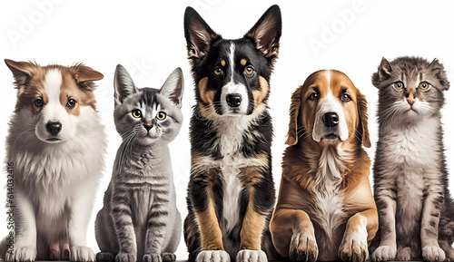 Cute dogs and cats of different breeds are sitting. Banner. AI generated