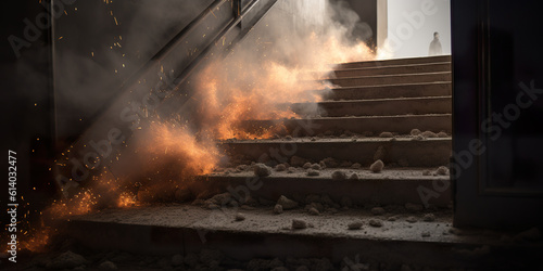 Closeup of stair treads exploding in bright fire and chunks of concrete with dust depth of field in studio backdrop. Explosion with fragments and debris. Realistic 3D illustration. Generative AI
