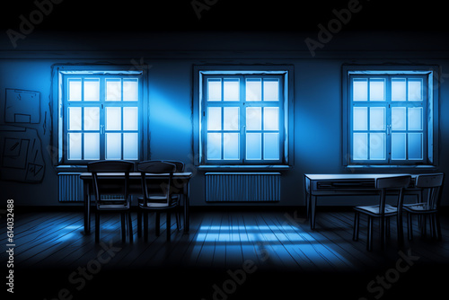 Generative AI interior of a classroom at night, scary atmosphere. 3d render