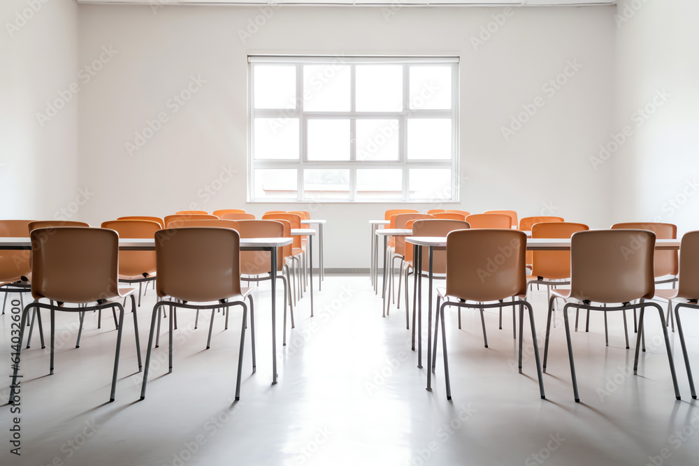 Generative AI Desks and Canadian flag in empty high school classroom Generative AI Desks and Canadian flag in empty high school classroom