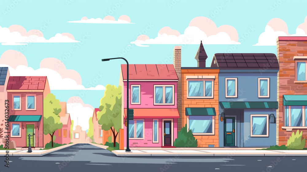 Generative AI City street with houses, road with pedestrian crosswalk, cars and bus stop. Vector cartoon background with cityscape, urban landscape with residential buildings, office and shops